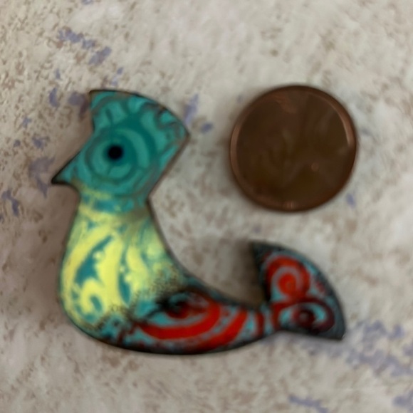 Vintage Enamel on Copper Pin Aztec Bird 1960s - Picture 4 of 5